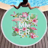 Printed Round Beach Towel Yoga Mat with Tassel, Size:150x150cm(Flamingo + Flower + Letter)