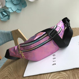 Women Punk Laser Glossy PU Double Zipper Chest Bag Casual Waist Bag(Pink)