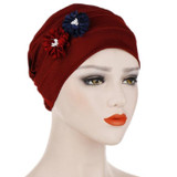 2 PCS Flowers Decoration Linen Hexagon Turban Hat Wrap Cap(Red Wine)