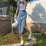 Spring High-waisted A-line Split Denim Midi Skirt (Color:Light Blue Size:M)