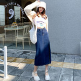 Spring High-waisted A-line Split Denim Midi Skirt (Color:Dark Blue Size:S)