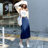 Spring High-waisted A-line Split Denim Midi Skirt (Color:Dark Blue Size:M)