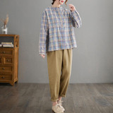 Plaid Long Sleeve Shirt (Color:Blue Size:XXL)