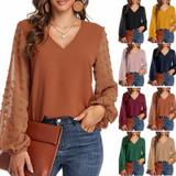 V-neck Chiffon Wool Ball Decorative Long Sleeve Blouse (Color:Yellow Size:S)