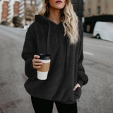 Long-sleeved Hooded Solid Color Women Sweater Coat (Color:Black Size:XXL)