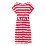 Slim-fit Waist Slimming Round Neck Striped Belt Dress (Color:Thick Red Size:XL)