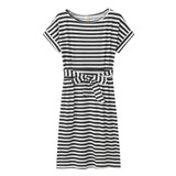 Slim-fit Waist Slimming Round Neck Striped Belt Dress (Color:Pinstripe Black Size:XXL)