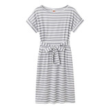 Slim-fit Waist Slimming Round Neck Striped Belt Dress (Color:Pinstripe Gray Size:M)