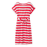 Slim-fit Waist Slimming Round Neck Striped Belt Dress (Color:Thick Red Size:XXXL)