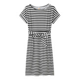 Slim-fit Waist Slimming Round Neck Striped Belt Dress (Color:Pinstripe Black Size:S)