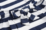 Slim-fit Waist Slimming Round Neck Striped Belt Dress (Color:Thick Stripes Blue Size:XXL)