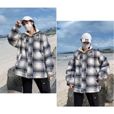 Down Jacket Lovers With The Same Paragraph Lamb Wool Coat Plaid Mori Retro Stand-up Collar Tooling Cotton Coat (Color:Blue grid Size:XXL)