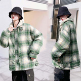 Down Jacket Lovers With The Same Paragraph Lamb Wool Coat Plaid Mori Retro Stand-up Collar Tooling Cotton Coat (Color:Green grid Size:L)