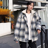 Down Jacket Lovers With The Same Paragraph Lamb Wool Coat Plaid Mori Retro Stand-up Collar Tooling Cotton Coat (Color:Blue grid Size:S)