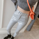 Frosted Matte Stretch Skinny High-waisted Trousers (Color:Silver Gray Thin Velvet Size:S)