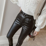 Frosted Matte Stretch Skinny High-waisted Trousers (Color:Black Thin Velvet Size:L)