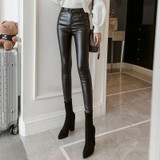 Frosted Matte Stretch Skinny High-waisted Trousers (Color:Black Thin Velvet Size:S)