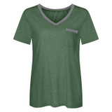 Summer Color Matching V-neck Pocket Loose Casual Cotton Short-sleeved T-shirt for Ladies (Color:Apricot Size:S)