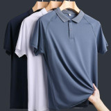 Summer Solid Color Casual Polo Shirt Ice Silk Short-sleeved T-shirt For Middle-aged And Elderly Men (Color:Fog Blue Size:M)