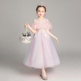 Embroidery Flower Pattern Long Lace Princess Dress Pettiskirt Performance Formal Dress for Girls (Color:Pink Size:150cm)