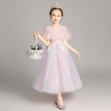 Embroidery Flower Pattern Long Lace Princess Dress Pettiskirt Performance Formal Dress for Girls (Color:Pink Size:160cm)