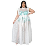 See-through Sexy Net Yarn Plus Size Dress Two-piece Suit (Color:White Size:XXXL)