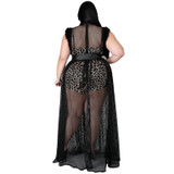 See-through Sexy Net Yarn Plus Size Dress Two-piece Suit (Color:Black Size:XL)