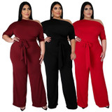 Solid Color Oblique Shoulder Strap Jumpsuit Wide-leg Pants (Color:Red Size:XXXL)