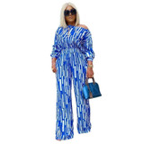 Large Size Striped Printing Oblique Long-sleeved Shoulder Loose Fashion Casual Suit (Color:Blue Size:L)