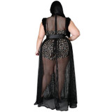 See-through Sexy Net Yarn Plus Size Dress Two-piece Suit (Color:Black Size:XXL)