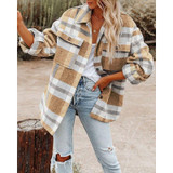 Lapel Long Sleeve Flannel Check Shirt Loose Casual Cardigan Jacket for Ladies (Color:Khaki Size:S)