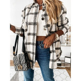 Lapel Long-sleeved Plaid Cardigan Shirt Loose Casual Woolen Coat for Ladies (Color:White Size:L)