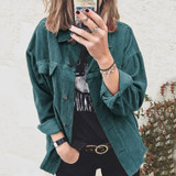 Lapel Long Sleeve Corduroy Jacket Shirt Loose Casual Cardigan Jacket for Ladies (Color:Green Size:L)