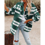 Lapel Long Sleeve Flannel Check Shirt Loose Casual Cardigan Jacket for Ladies (Color:Green Size:XL)