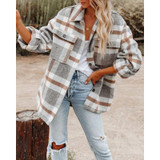 Lapel Long Sleeve Flannel Check Shirt Loose Casual Cardigan Jacket for Ladies (Color:Light Gray Size:XXL)