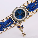 Women Round Dial Diamond Braided Hand Strap Quartz Watch with Key Pendant(Blue)