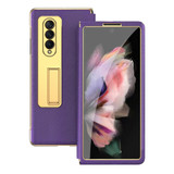 For Samsung Galaxy Z Fold4 Cross Texture Integrated Electroplating Hinge Flip Phone Case with Tempered Film(Purple)