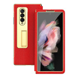For Samsung Galaxy Z Fold4 Cross Texture Integrated Electroplating Hinge Flip Phone Case with Tempered Film(Red)