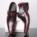 Pointed British Style Men Leather Shoes Buckle Low Heel Shoes, Size:47(Wine Red)