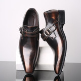 Pointed British Style Men Leather Shoes Buckle Low Heel Shoes, Size:47(Bronze)