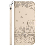 For Xiaomi Poco X4 Pro 5G Cat Embossing Pattern Leather Phone Case with Lanyard(Beige)