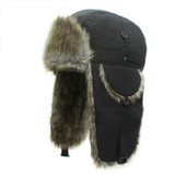 Winter Outdoor Padded Adjustable Head Circumference Ski Hat Warm Ear Protected Cap Flight Hats (Black Brown Fur)