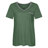 Summer Color Matching V-neck Pocket Loose Casual Cotton Short-sleeved T-shirt for Ladies (Color:White Size:S)