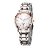 BUREI 700107 Multifunctional 3ATM Waterproof Quartz Lovers Wrist Watch with Stainless Steel Band & Sapphire Window & Big Dial, Luminous & Calendar Display Function for Women(Rose and White Window)