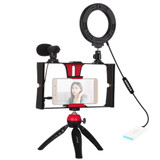 PULUZ 4 in 1 Vlogging Live Broadcast Smartphone Video Rig + 4.7 inch 12cm RGBW Ring LED Selfie Light + Microphone + Pocket Tripod Mount Kits with Cold Shoe Tripod Head(Red)