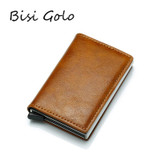 Automatic Elastic Card Type Anti-magnetic RFID Anti-theft Retro Card Package Universal Leather Metal Wallet(Coffee)