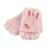 Children Half Finger Gloves Knitted Cold Warm Plus Velvet Fingerless Gloves(Light Pink)