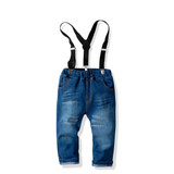 Children Long-sleeved Shirt + Denim Suspenders And Trousers Two-piece Suit (Color:Blue Size:130)