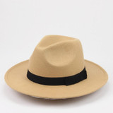 Men / Women Retro British Style Wool Jazz Cap Big Edge Sun Hat(Camel)