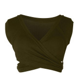 Sexy Ladies Knit Sleeveless Straps Lumbar Short Vest Bottoming Shirt, Size:XL(Army Green)